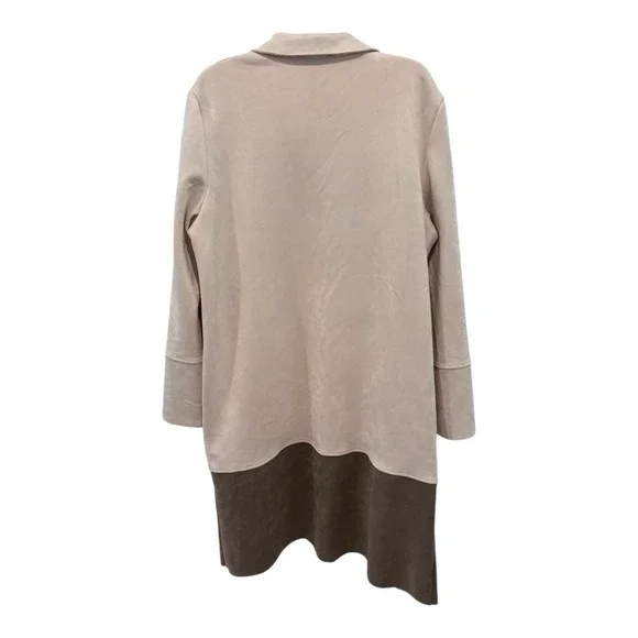 Zara Duster Coat Womens XL Faux Suede Longline Open Beige Brown Colorblock Soft - Picture 2 of 7